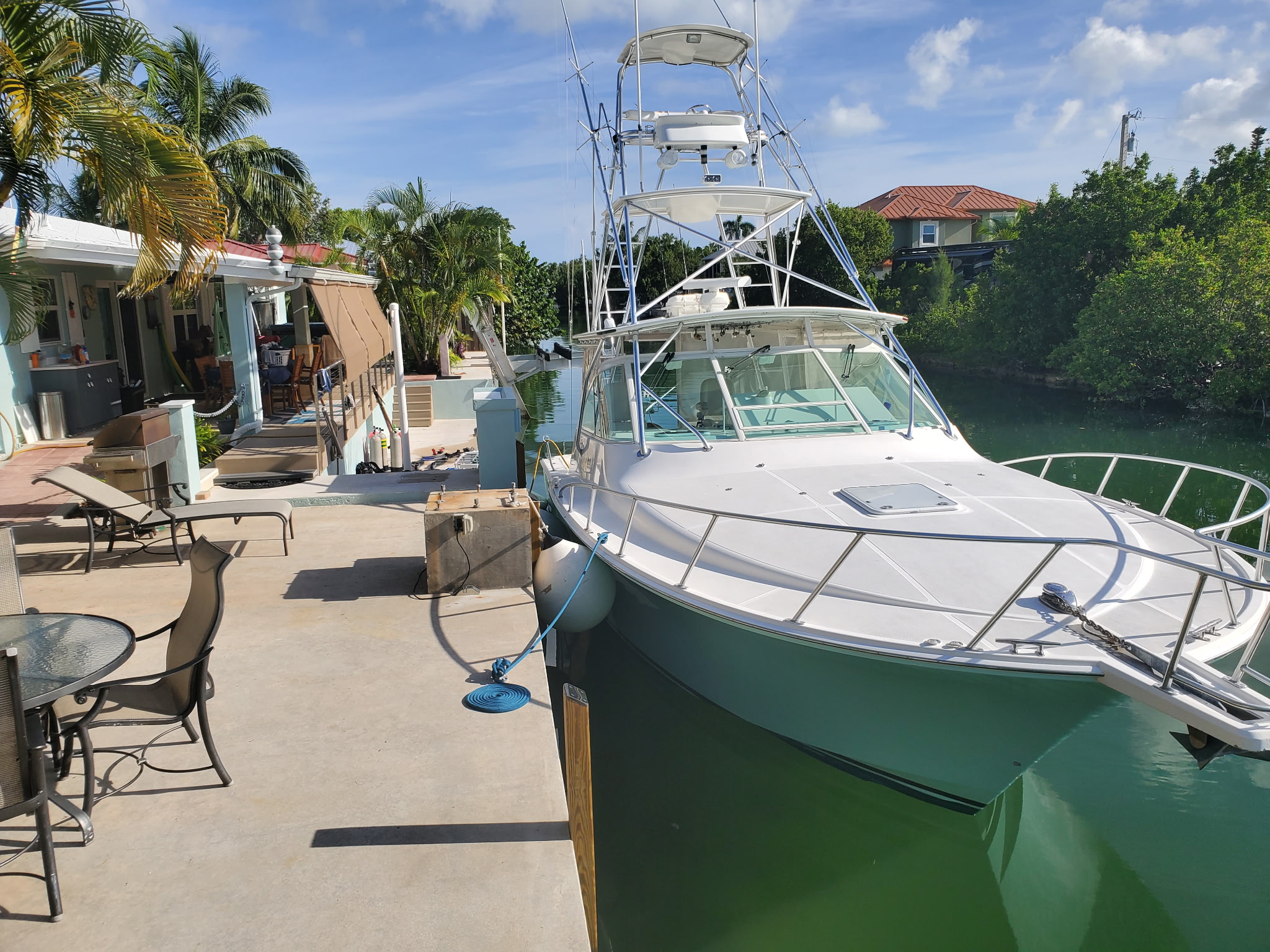 We have boats of all sizes visit our vacation home. This is a 42' Cabo at our dock.<br> We offer 50 amp shore power and extremely calm and safe anchorage.